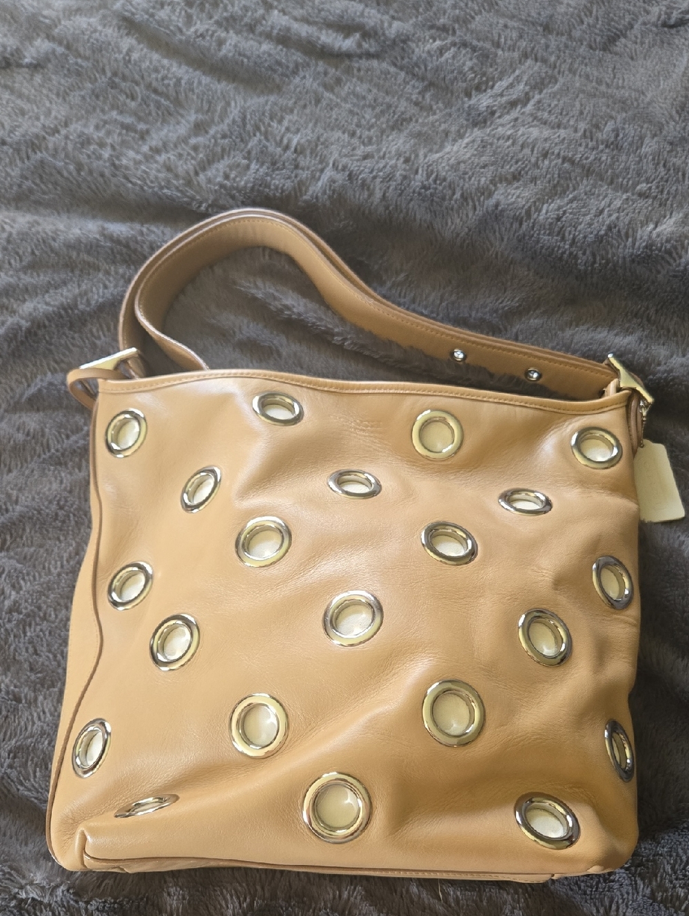 COACH Tan Leather Shoulder Bag with Silver Grommet Accents